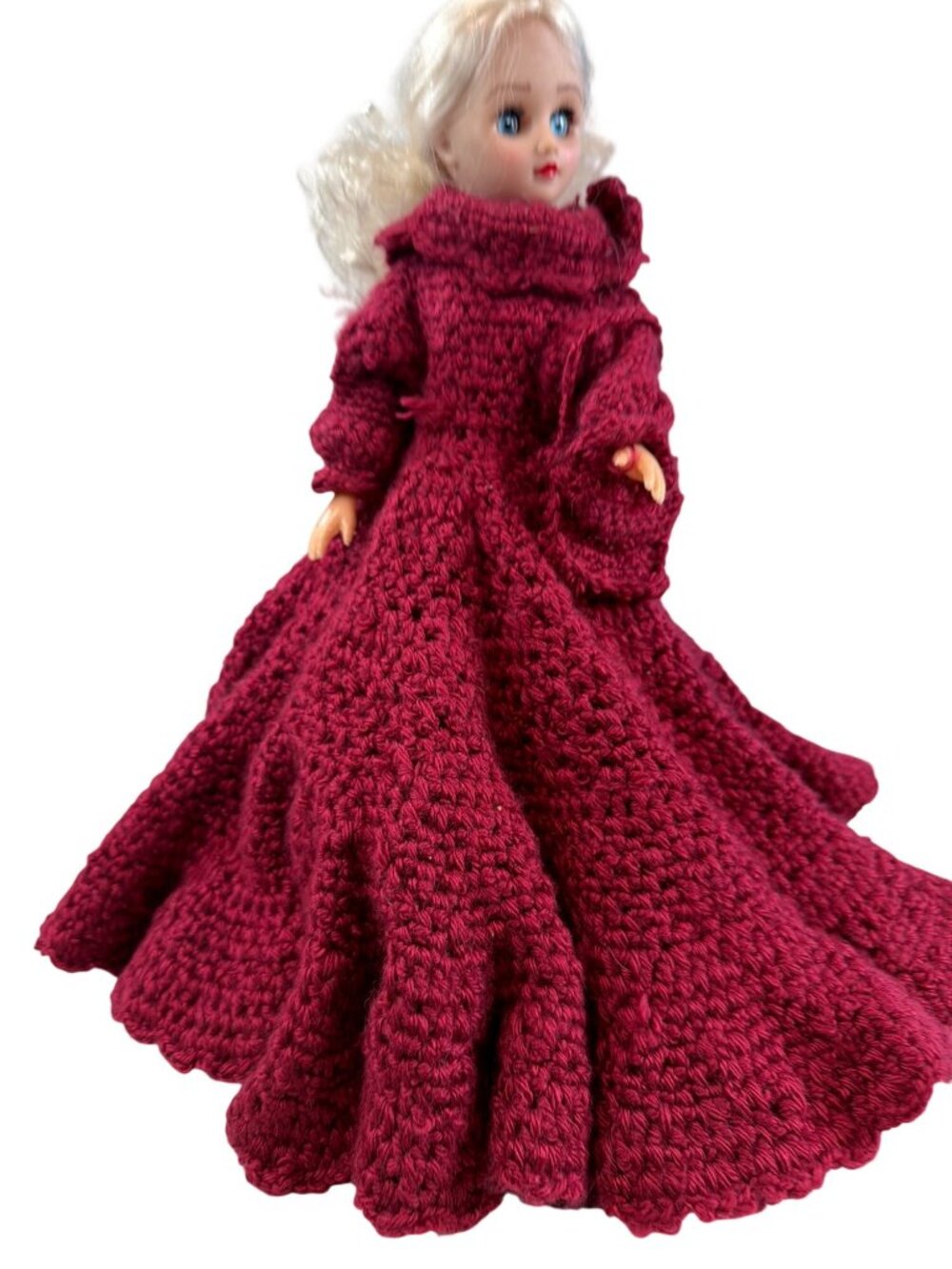 Vintage Blonde Doll With Hand-Knitted Burgundy Gown & Sleepy Eyes 12-Inch Collec